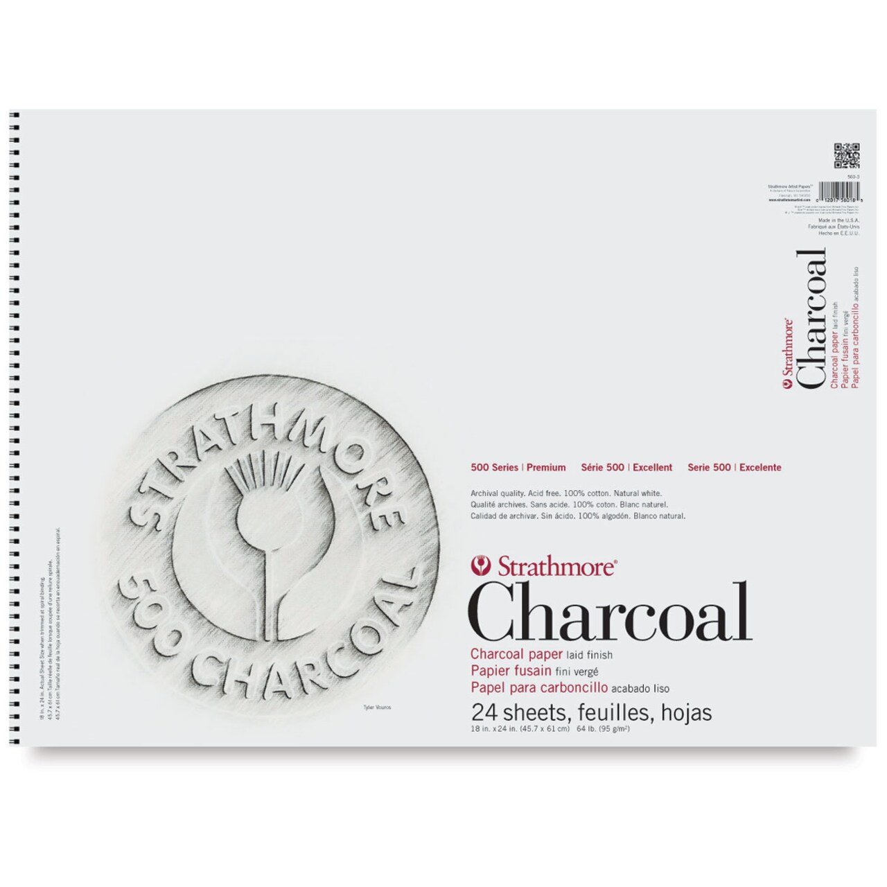 Strathmore 500 Series Charcoal Pad - 18" x 24", White, 24 Sheets